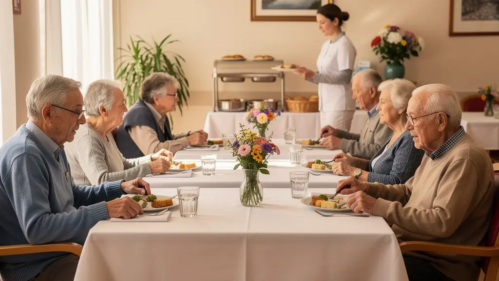 Salle à manger d'EHPAD à l'heure du repas avec résidents attablés et soignants en arrière-plan