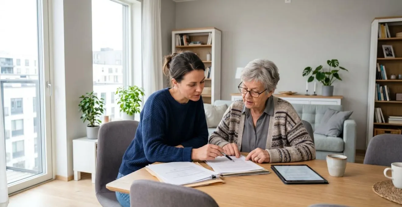 Une fille adulte et son parent âgé consultent ensemble des documents administratifs dans un salon contemporain lumineux