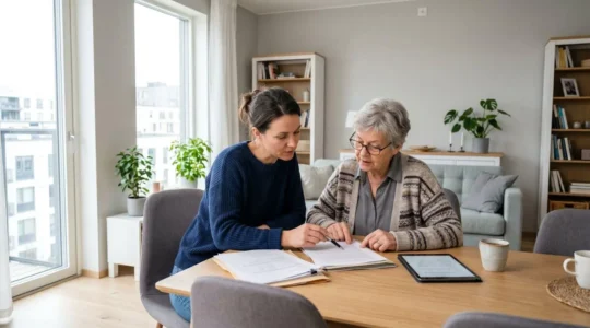 Une fille adulte et son parent âgé consultent ensemble des documents administratifs dans un salon contemporain lumineux
