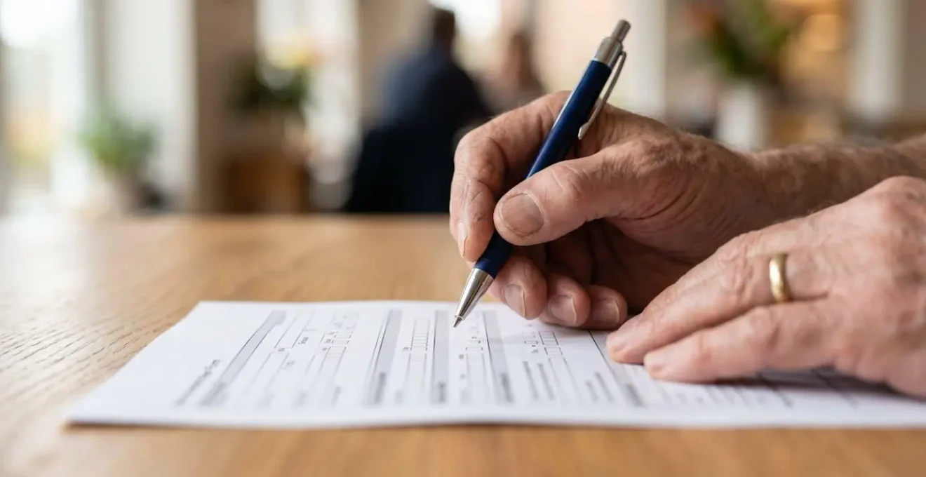 Gros plan sur une main de personne âgée tenant un stylo au-dessus d'un formulaire administratif dont le texte est totalement flouté